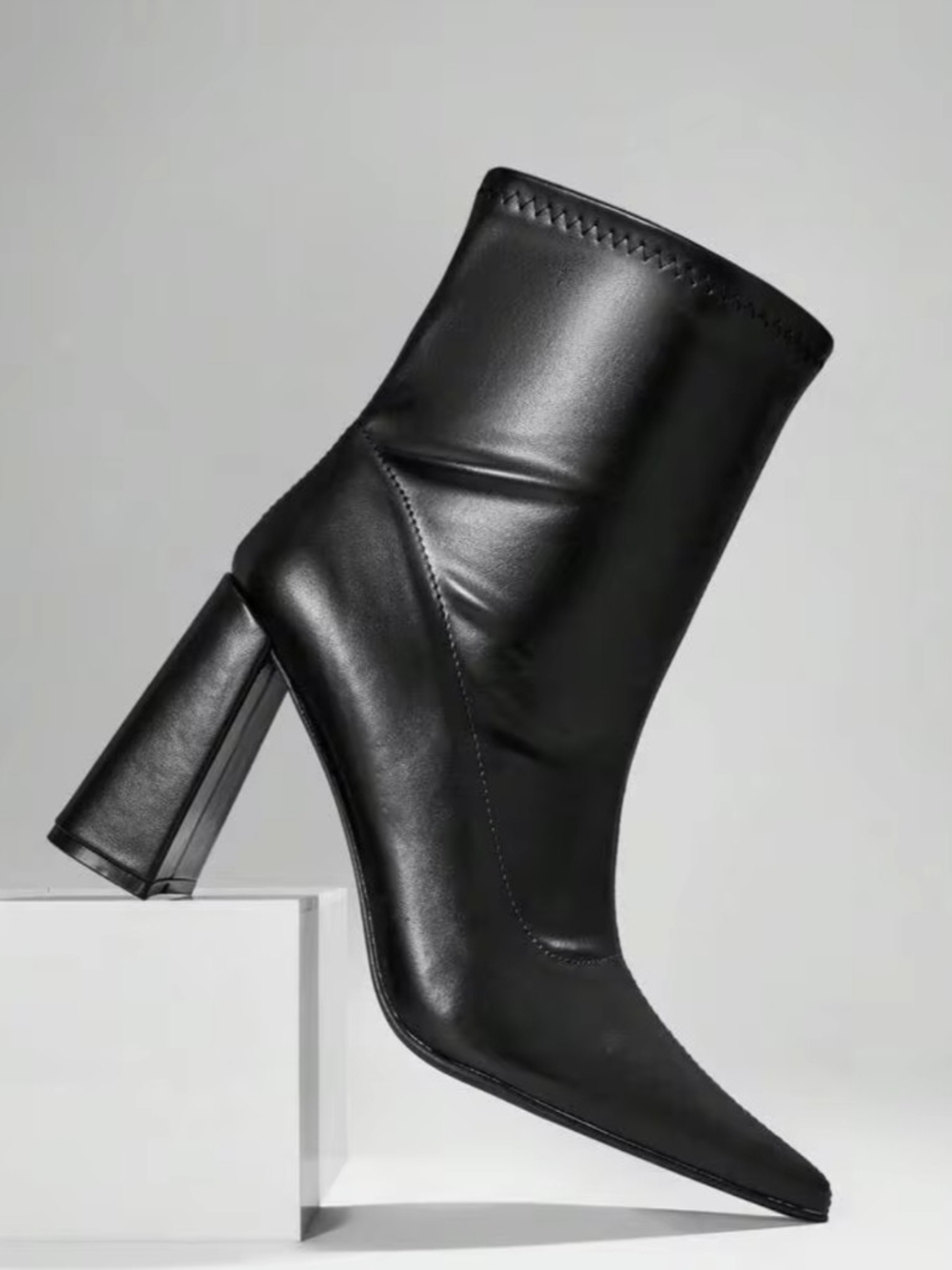 SHEIN Black Pointed Toe Mid-Calf Block Heel Ankle Boots